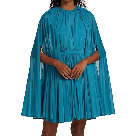 Halston Josie Shirred Cape Dress Turquoise Teal 0 Cocktail Party Evening Elegant - Picture 1 of 10